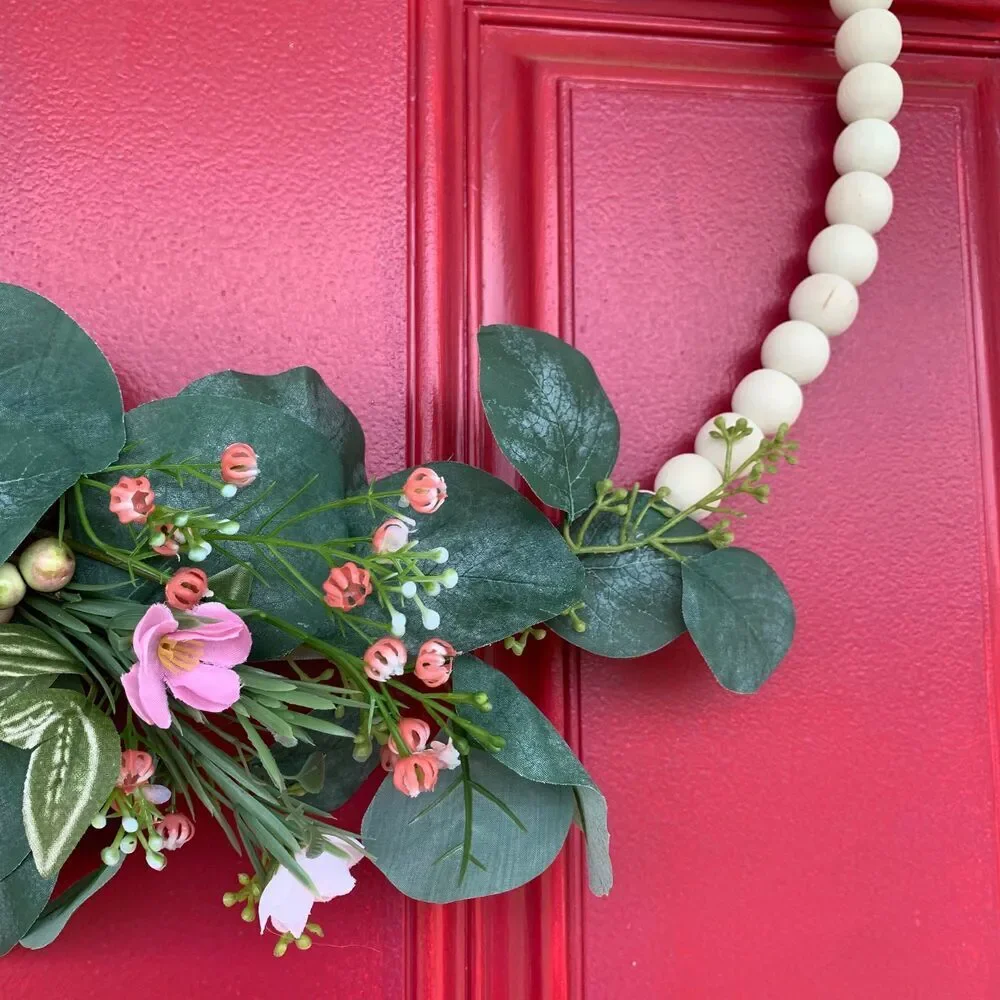 Floral Hoop Wreath: Pink Roses, Eucalyptus, Wood Beads - Boho Farmhouse Decor